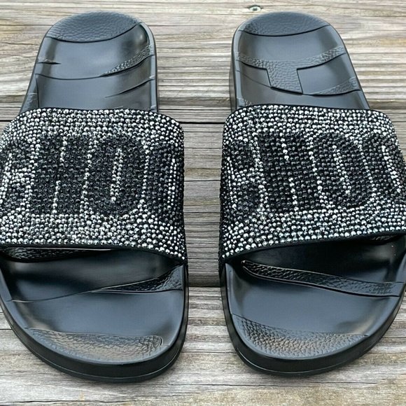Jimmy Choo Shoes - Jimmy Choo Slide Sandal Logo Crystal-Studded Rubber upper Flat Platform Italy 39